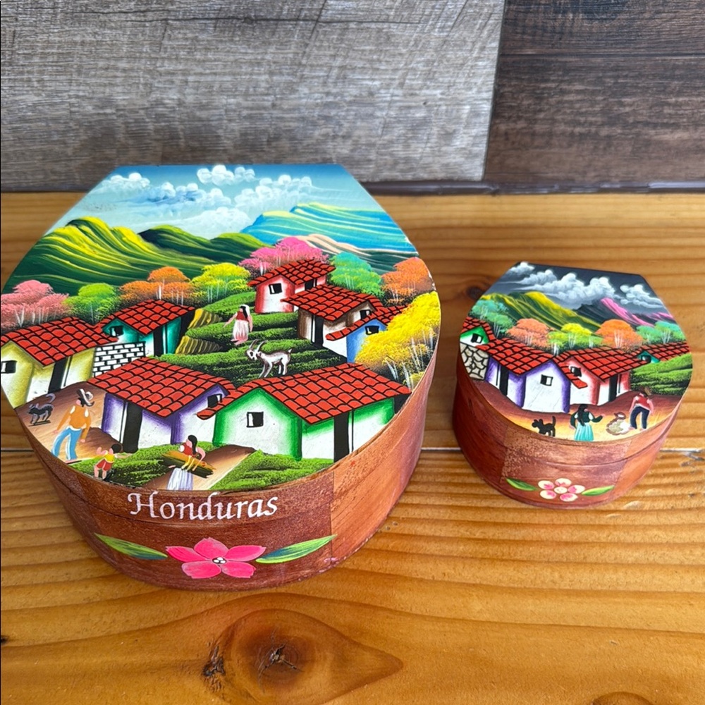 Hand-Painted Honduras Village Wooden Box